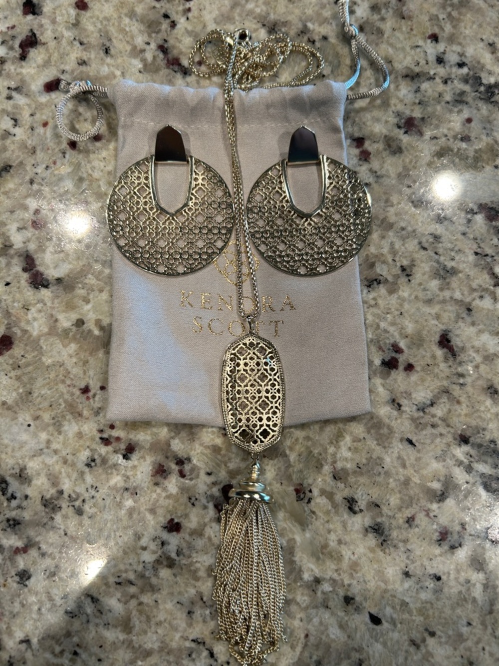 Kendra Scott Gold Filigree Tassel Necklace and Round Filigree Earrings Set